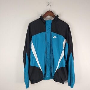 Vintage Nike Jacket Mens XL Teal Black White Windbreaker Colorblock Swoosh 90s